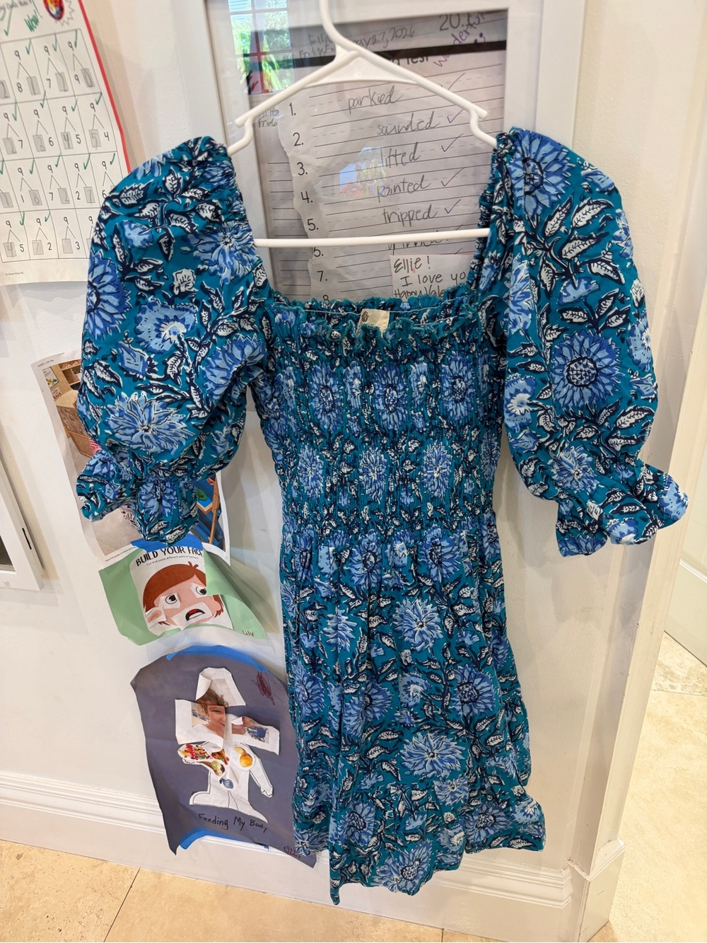 Smocked Square-Neck Mini Dress in Blue Floral - Picture 2 of 4